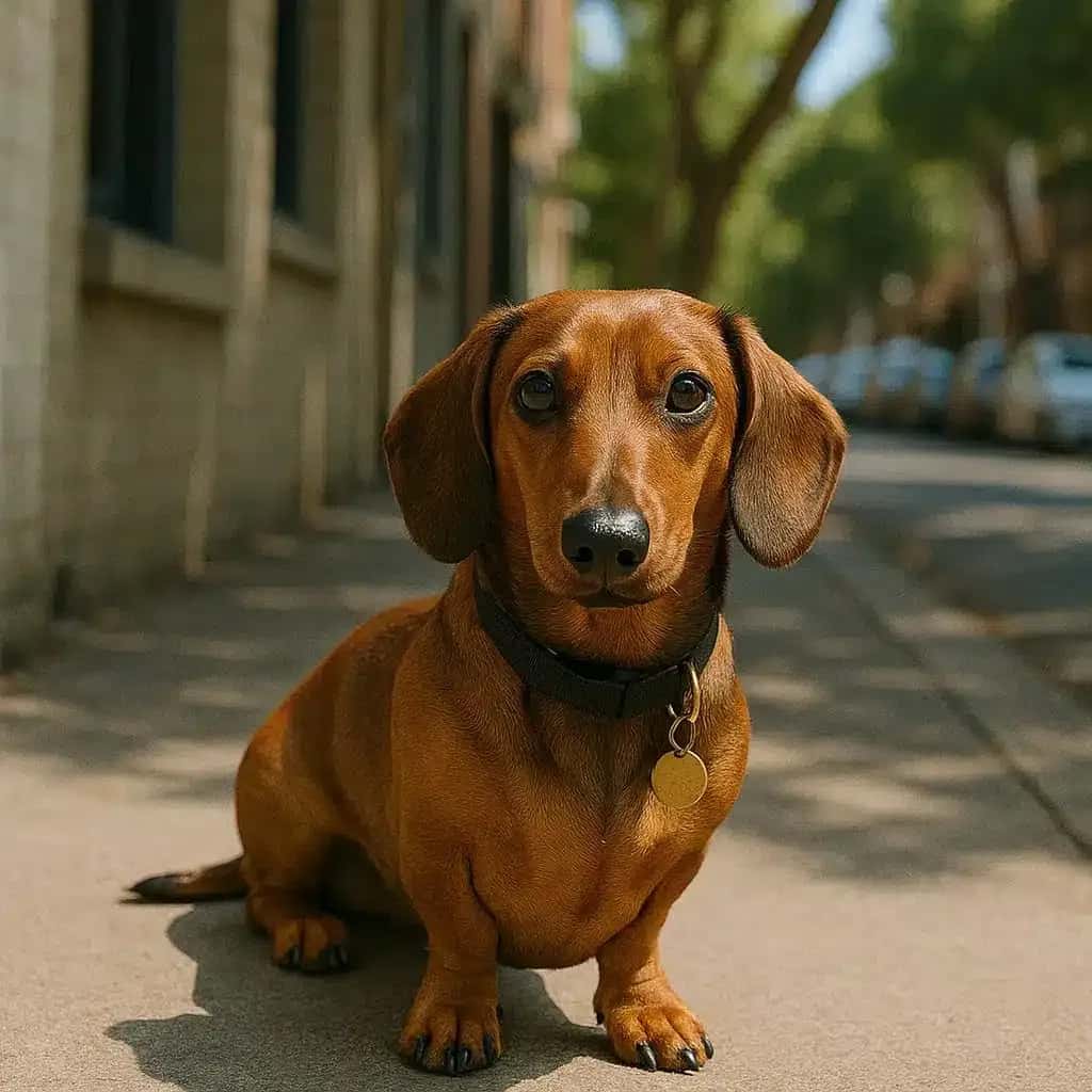 A curious Dachshund with a shiny coat sits on a sunlit sidewalk, wearing a black collar with a tag. 