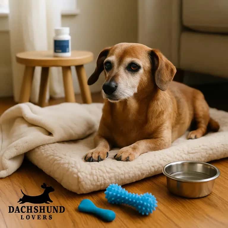 Senior Chiweenie with a graying muzzle resting on an orthopedic bed with blanket, water bowl