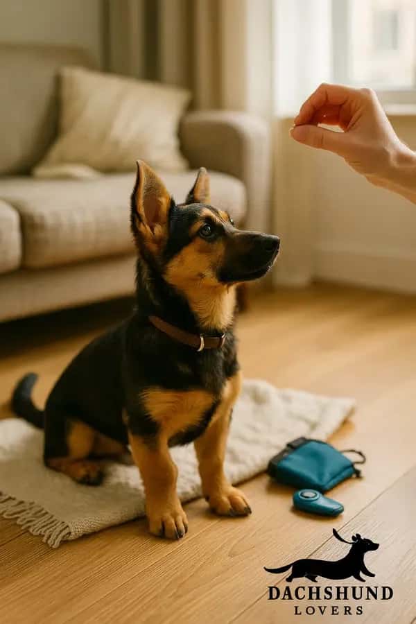A small dog with black and tan fur attentively looks at a hand holding a treat in a cozy living room.