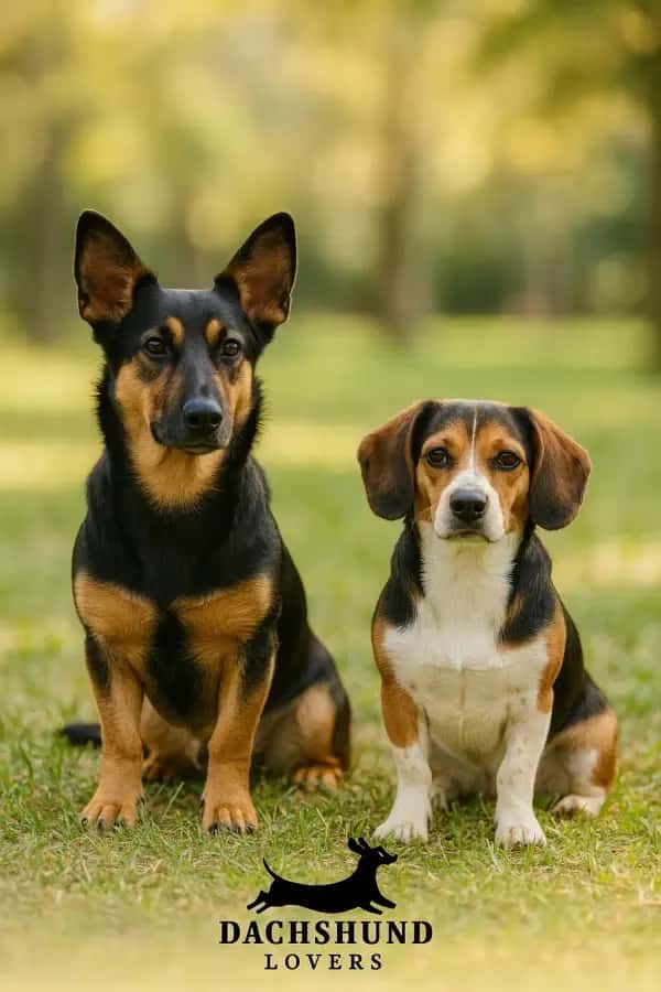 A Shepherd-Dox (German Shepherd Dachshund mix) and a Doxle (Beagle Dachshund mix) 