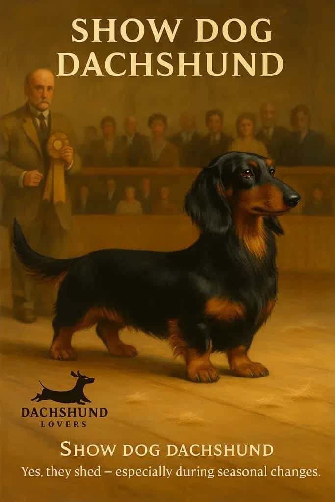 Elegant dachshund with smooth, glossy coat standing proudly at a Victorian dog show competition.
