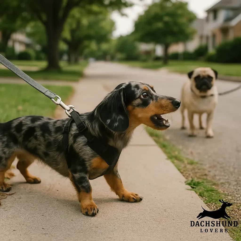 A Silver Dapple Dachshund in a harness reacts mildly to a pug during a walk in a neighborhood