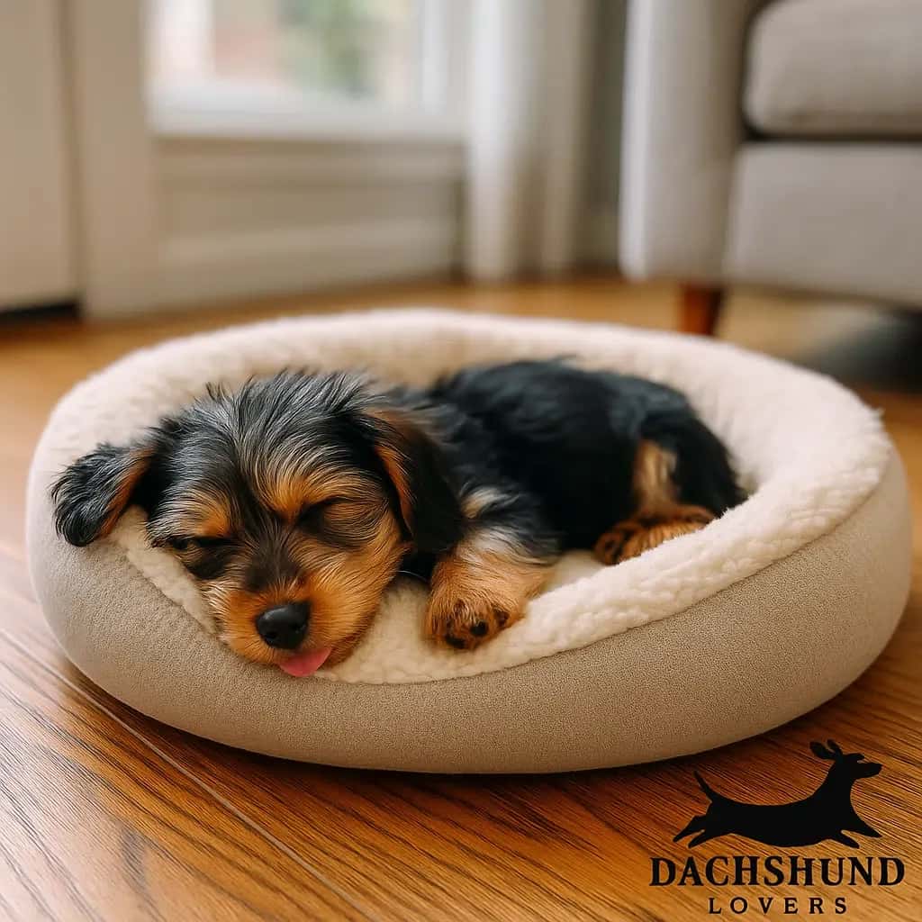 A Dorkie puppy sleeping peacefully in a plush dog bed inside a home