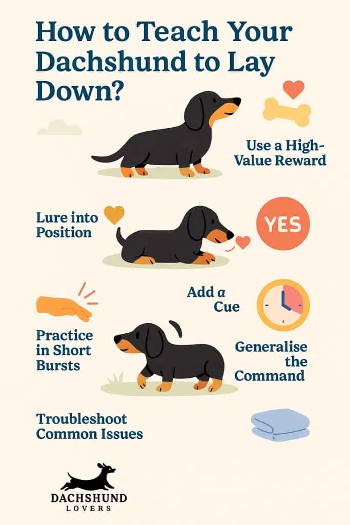 Infographic steps for teaching a Dachshund to lay down, with illustrations of a puppy 