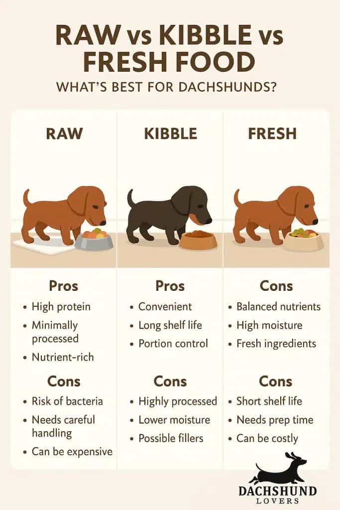 Infographic comparing raw, kibble, and fresh food for dachshunds with pros and cons for each