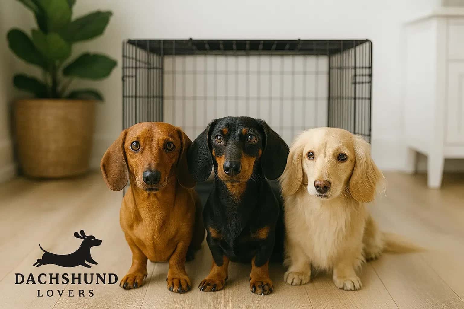 Three dachshunds (smooth red, black and tan, and long-haired ) sitting in front of a wire crate