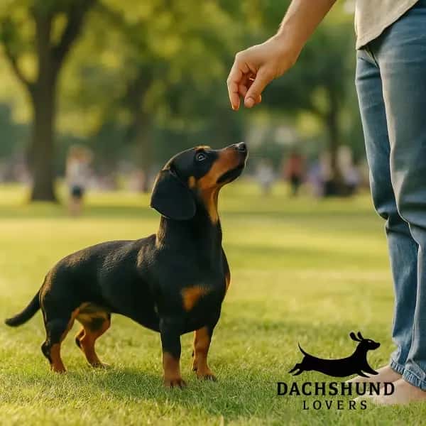 A black and tan dachshund stands attentively on green grass, looking up at a person's hand.