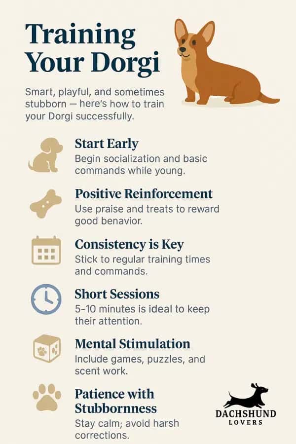 Infographic Training Your Dorgi, training tips such as starting early, positive reinforcement