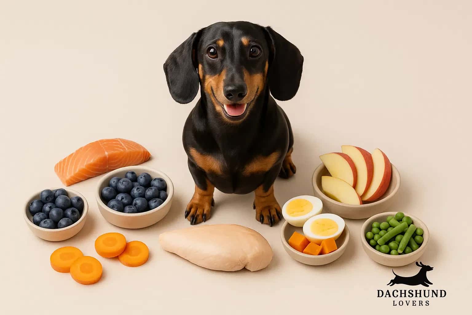 Black and tan mini dachshund with safe foods like salmon, chicken, fruits, veggies, and logo