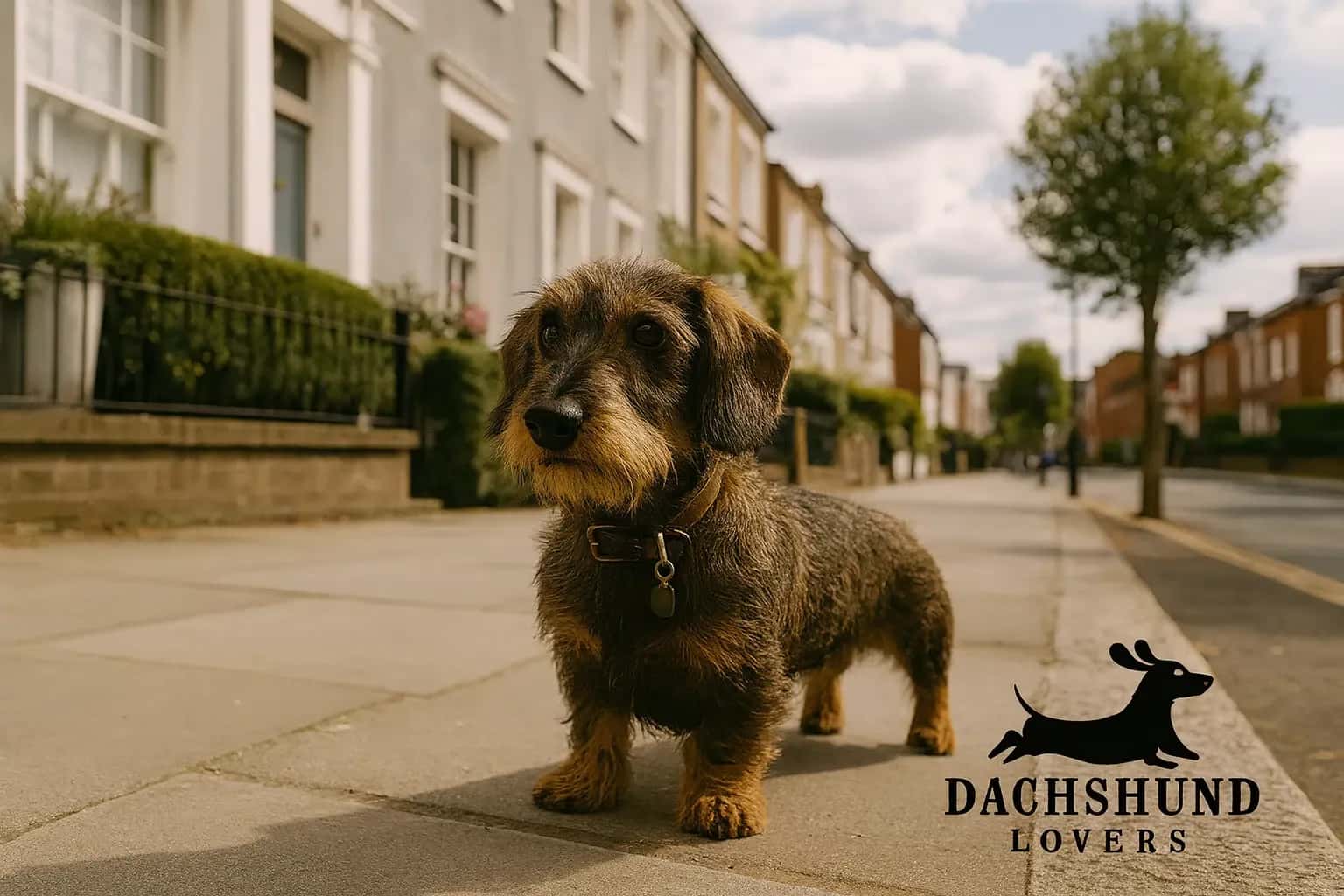A wire-haired wild boar dachshund standing on a sidewalk with Georgian-style homes 
