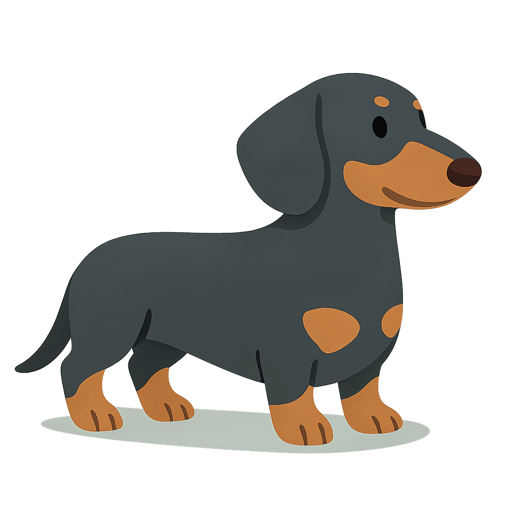 Black and tan cartoon dachshund standing.