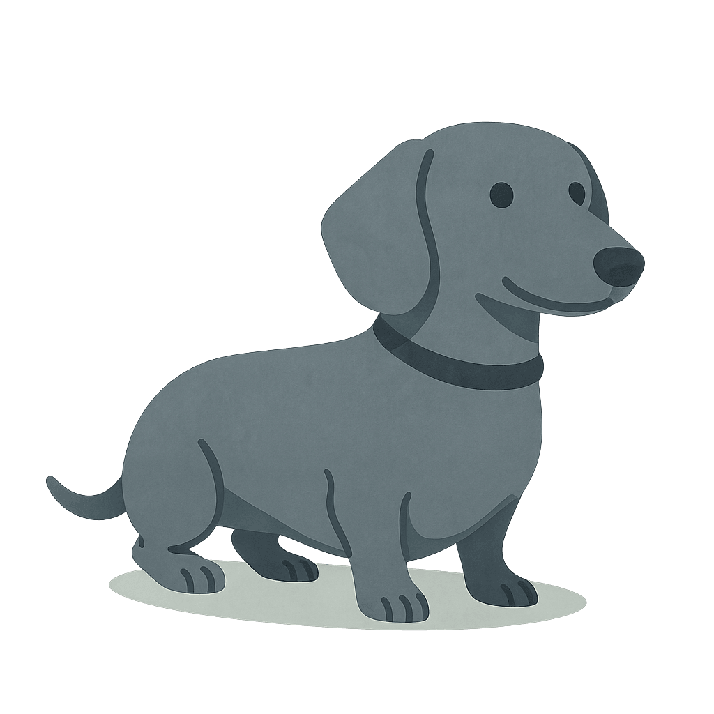 Blue-grey cartoon dachshund sitting.