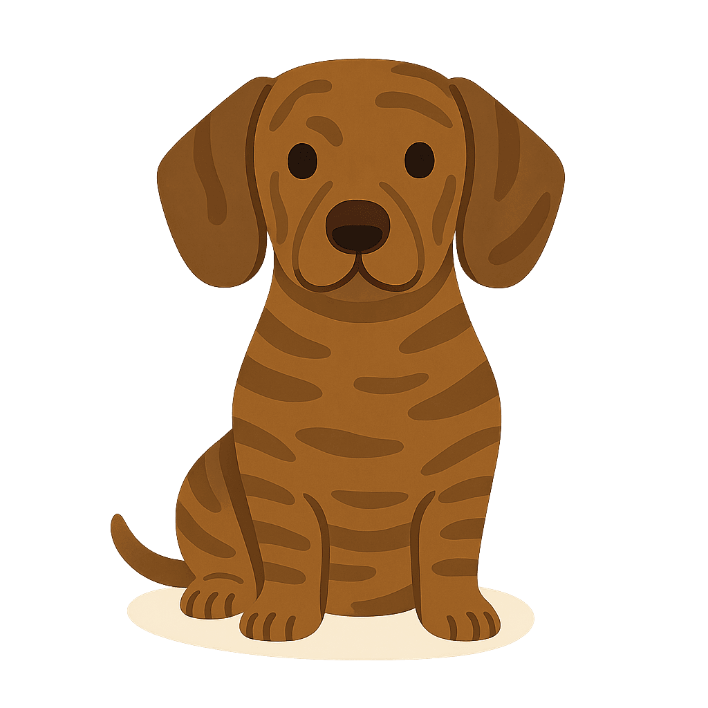 Brindle-pattern cartoon dachshund sitting.