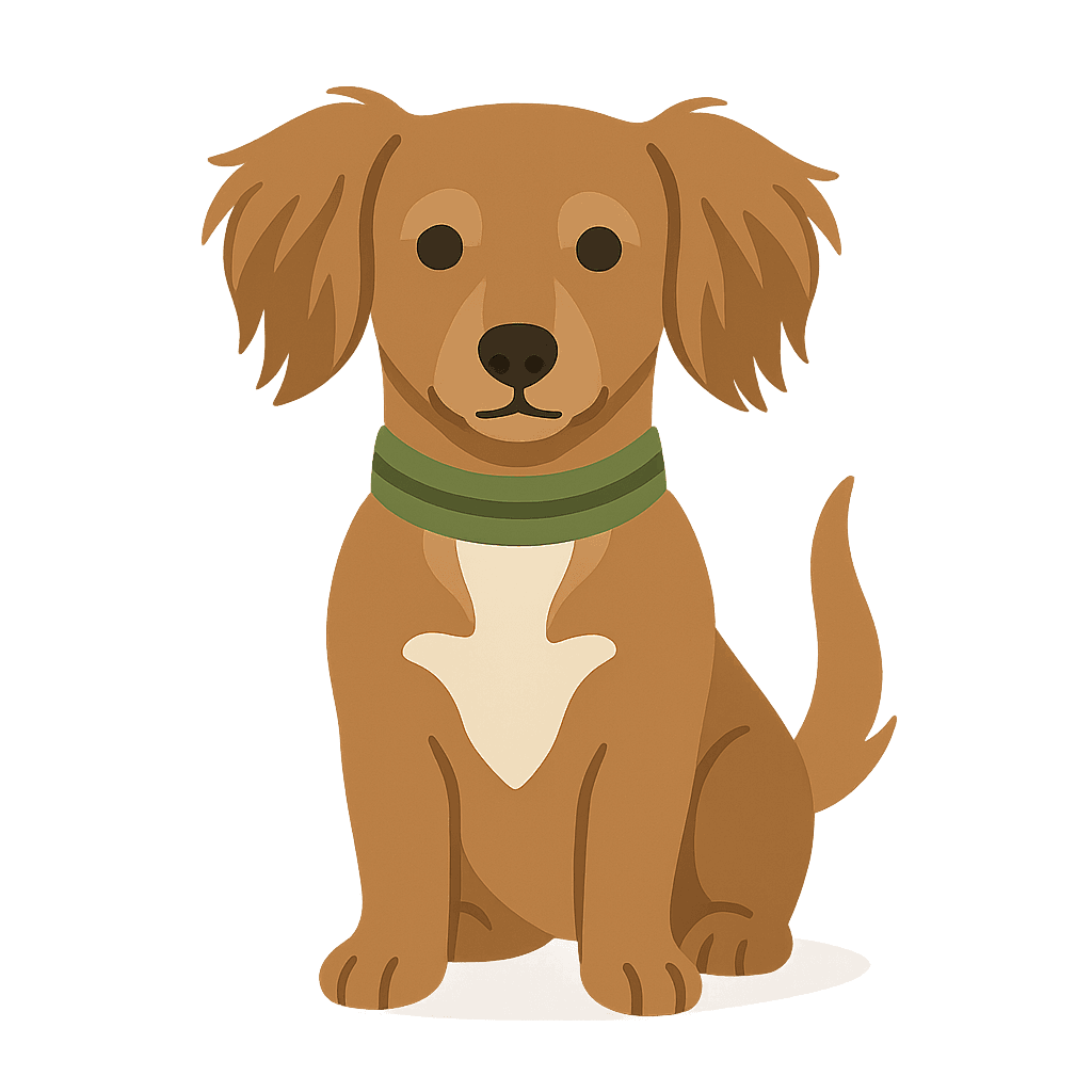 Cartoon chiweenie sitting with a green collar.