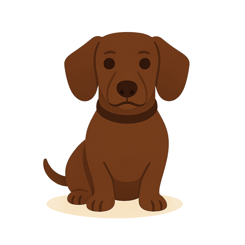 Chocolate brown cartoon dachshund sitting.