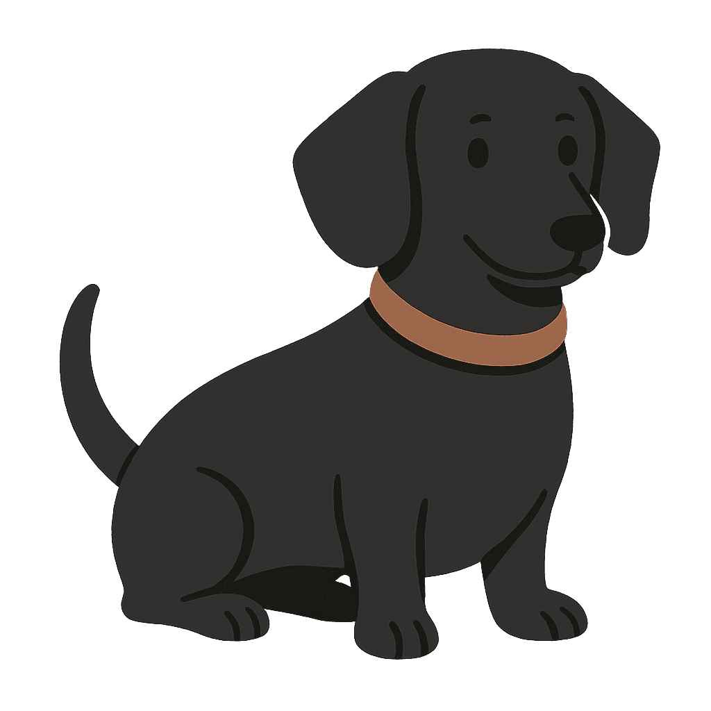 Cartoon black dachsador sitting with an orange collar.