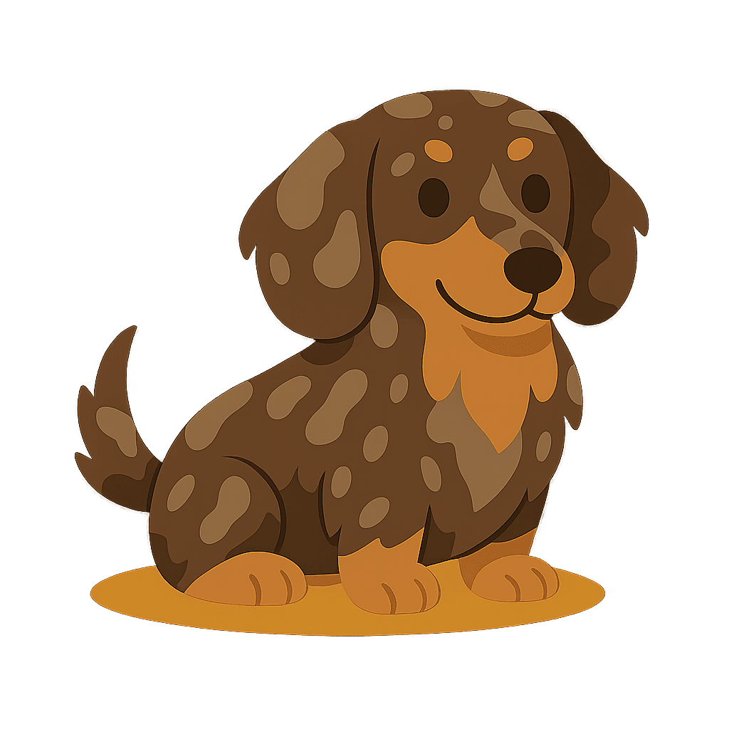 Cute cartoon dachshund with a brown dapple coat pattern, sitting and smiling with a warm glow behind it.