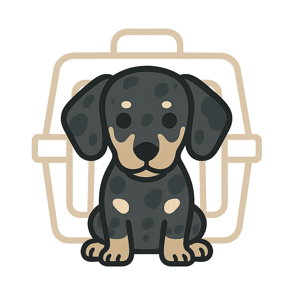 picture of black dappled dachshund in front of crate for crate training icon