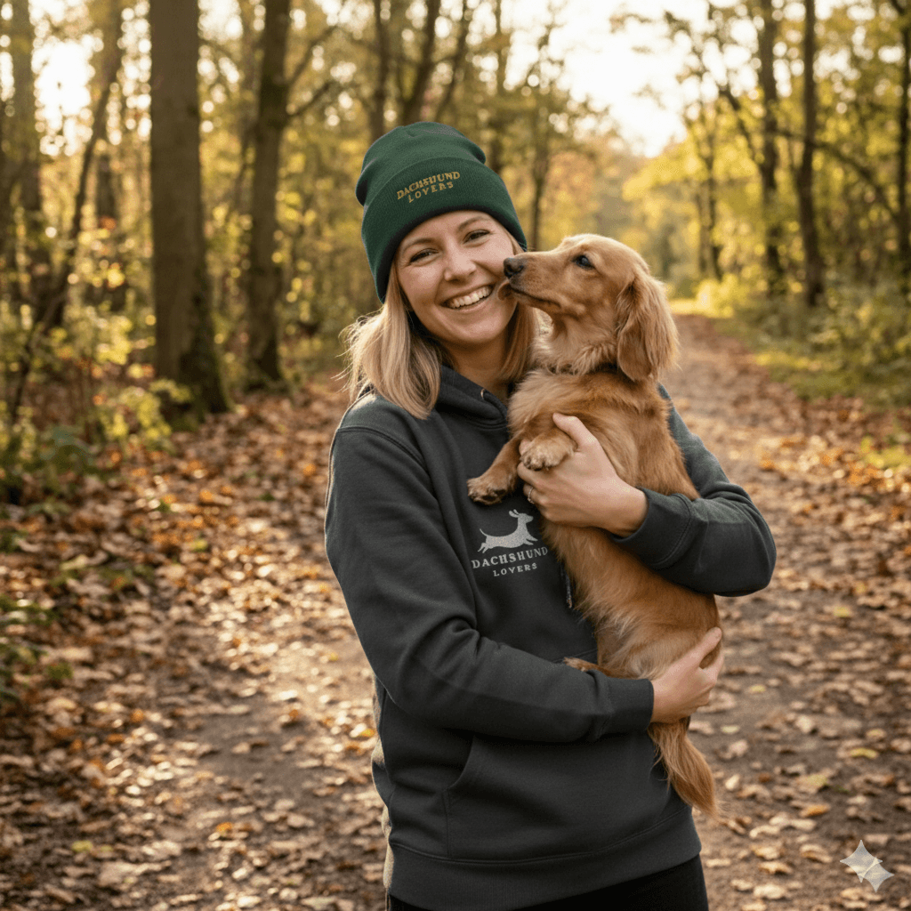 Female owner carrying her golden dachshund in the woods of arizona in the winter with her dachshund lovers beanie and hoodie on