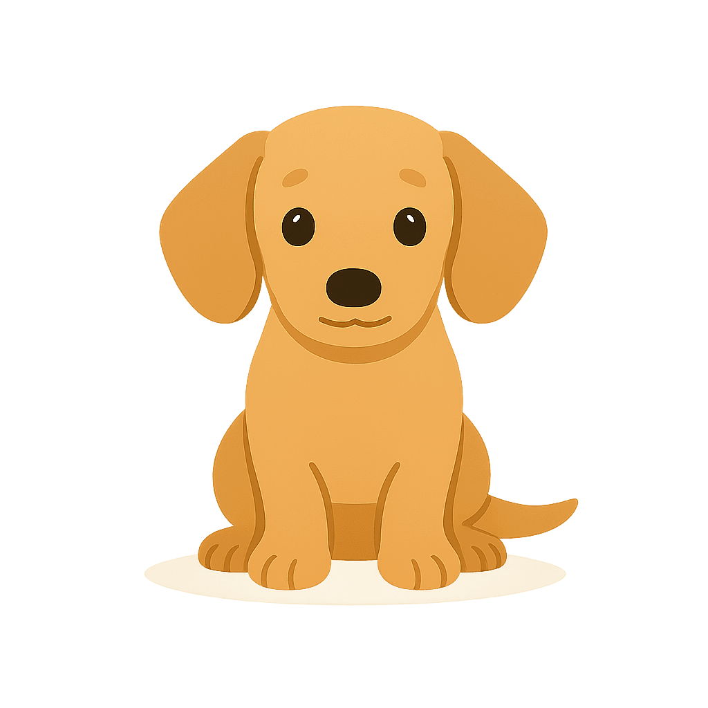 Cute cartoon dachshund puppy sitting with a warm golden glow behind it.