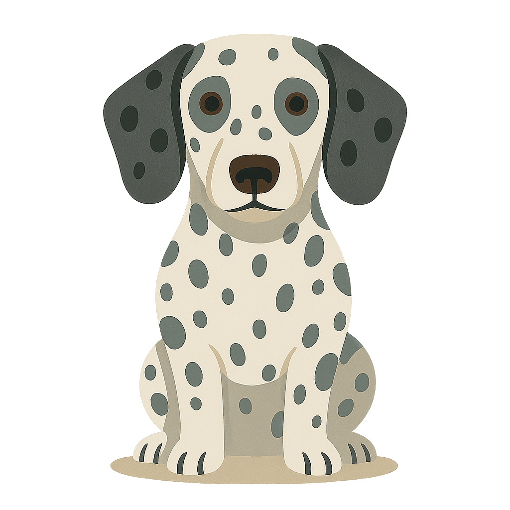 Cartoon dalmatian-dachshund mix sitting with grey spots.