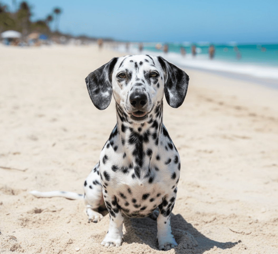 Dalmatian–Dachshund mix sitting on a sandy beach, facing the camera with a black-and-white spotted coat, floppy ears, and short legs, with the ocean and people blurred in the background.