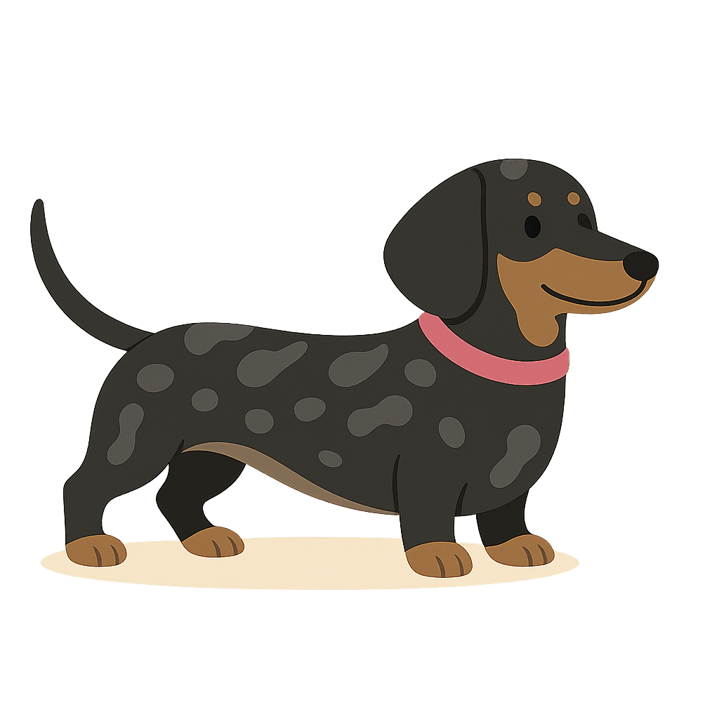 Black and grey dapple cartoon dachshund standing.