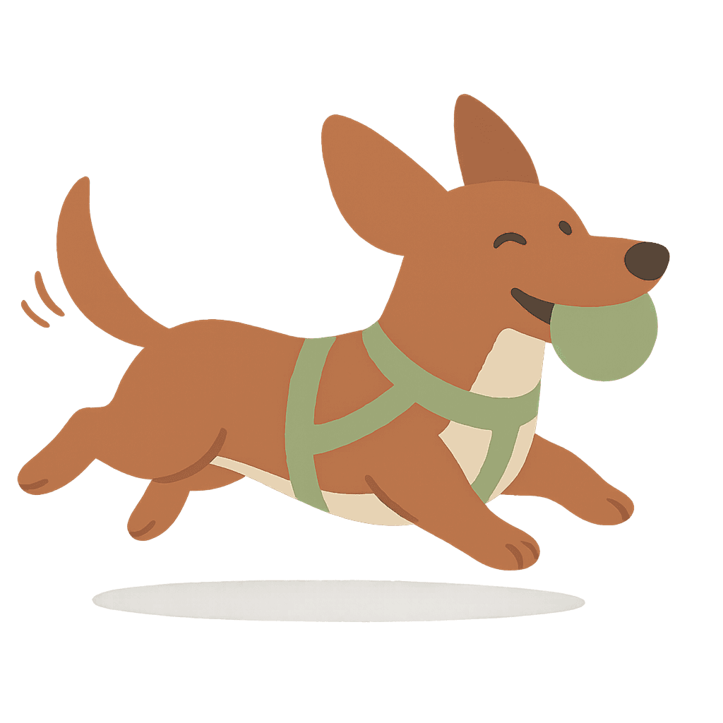 Cartoon dorgi running with a ball in its mouth.