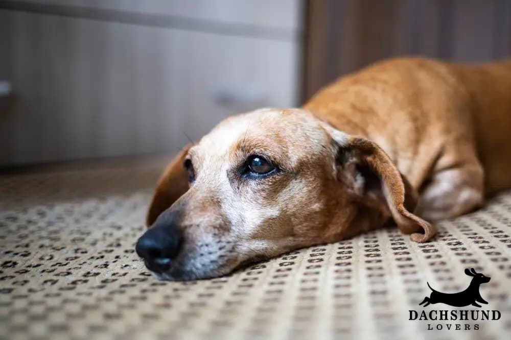 Senior dachshund lying on the floor looking tired, showing early signs of IVDD back problems