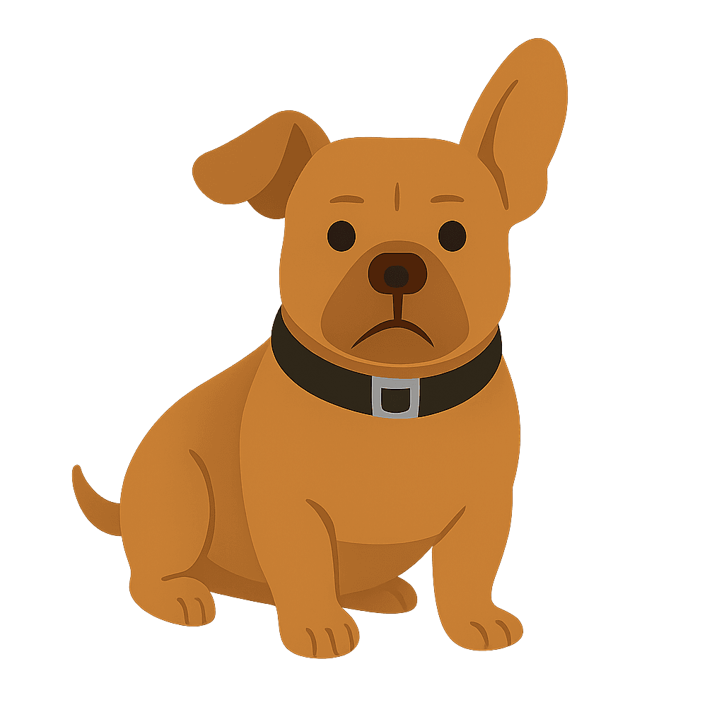 Cartoon French Bull Weenie dog sitting with one ear up.