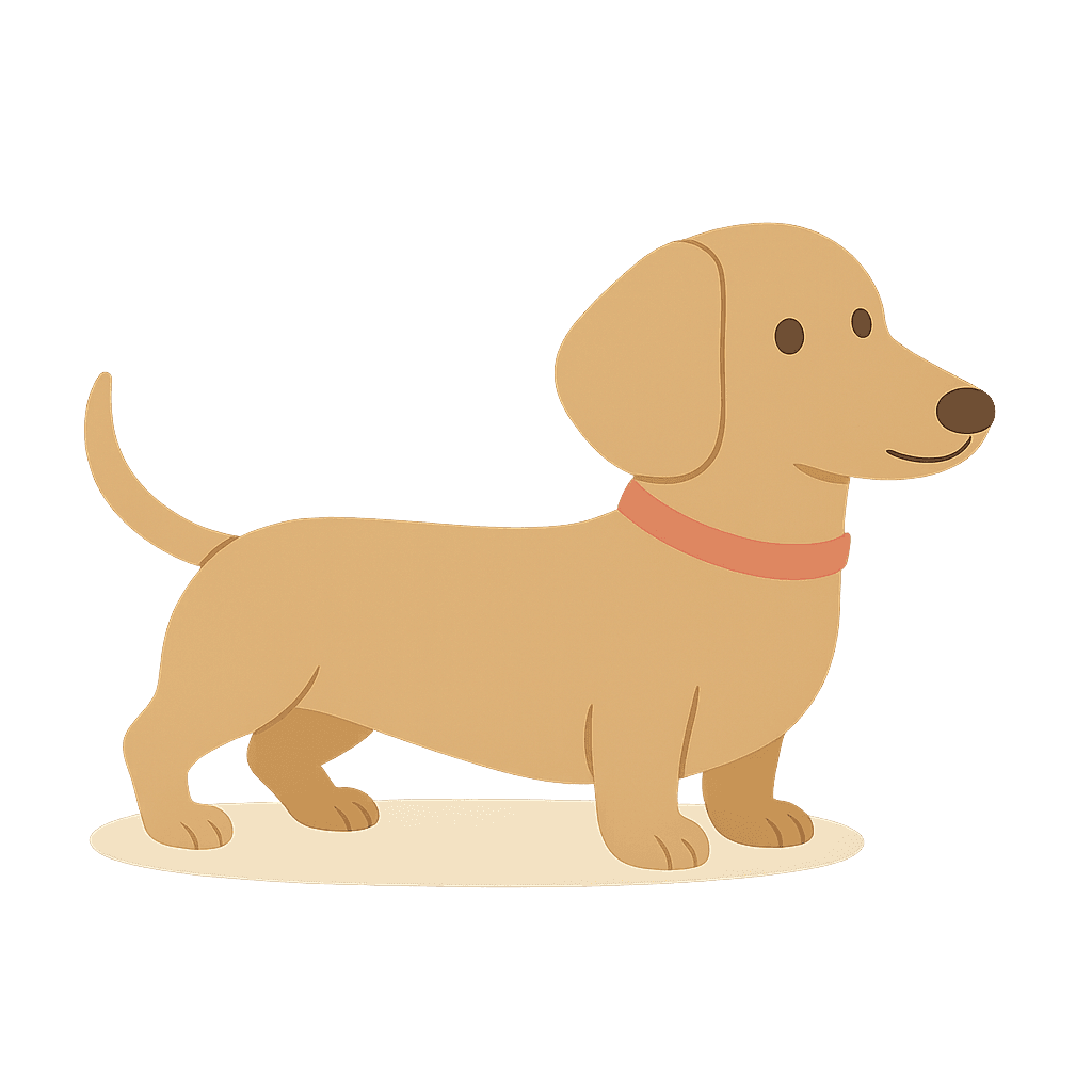 Fawn-colored cartoon dachshund standing.