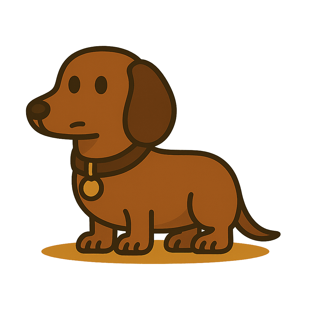 Cartoon dachshund with sad eyes, wearing a collar and tag, sits on a shadowed surface against a black background, conveying a forlorn mood.