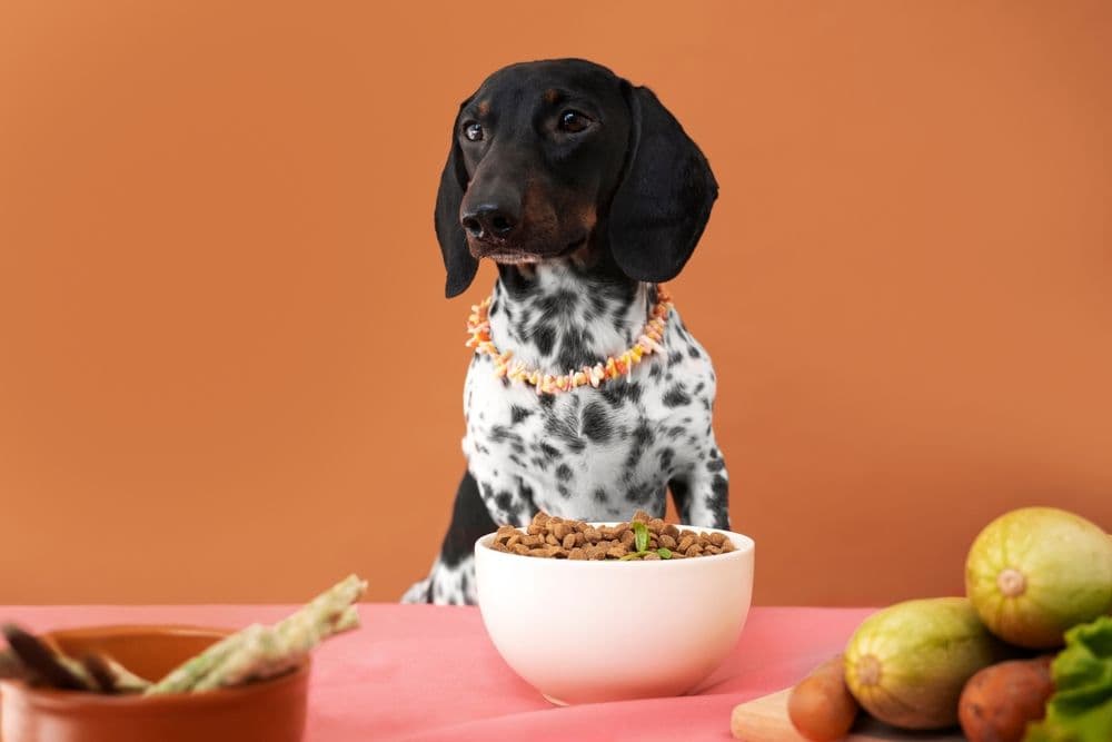 Best Dog Food for Dachshunds – black and white Dachshund with healthy dry kibble and vegetables on table – nutrition guide for Dachshund diet and wellness – Dachshund Lovers