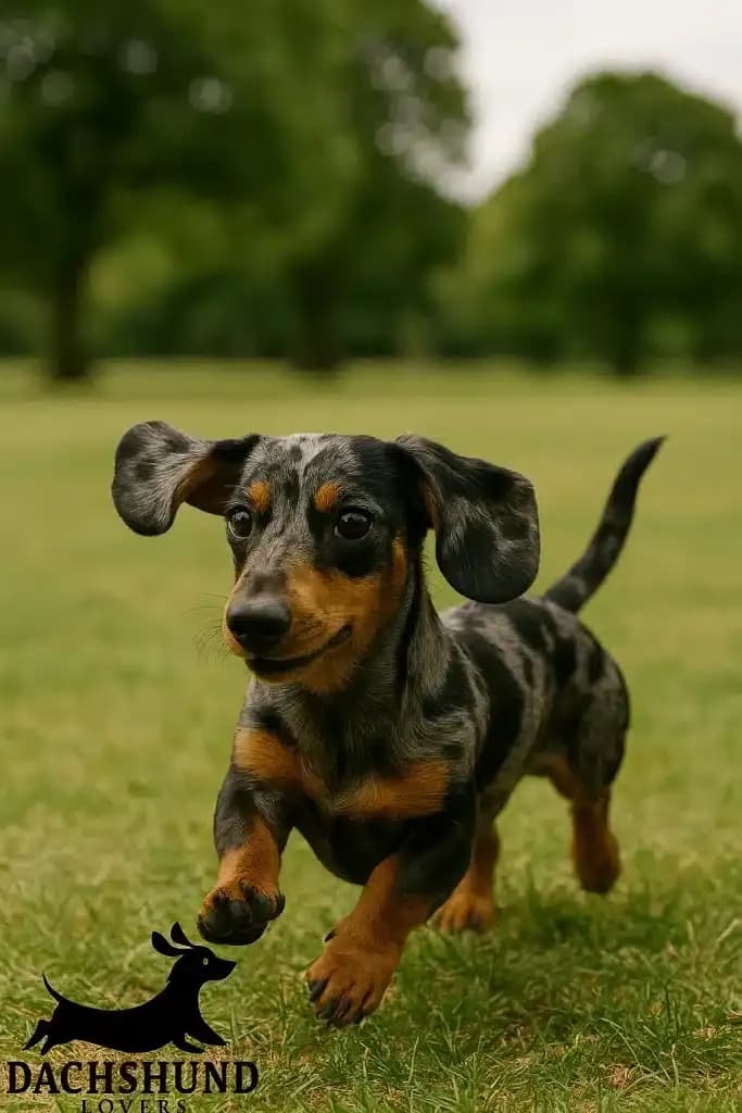Blue merle dachshund running happily through a lush park, showcasing its rare dappled coat. Branded with the Dachshund Lovers logo.