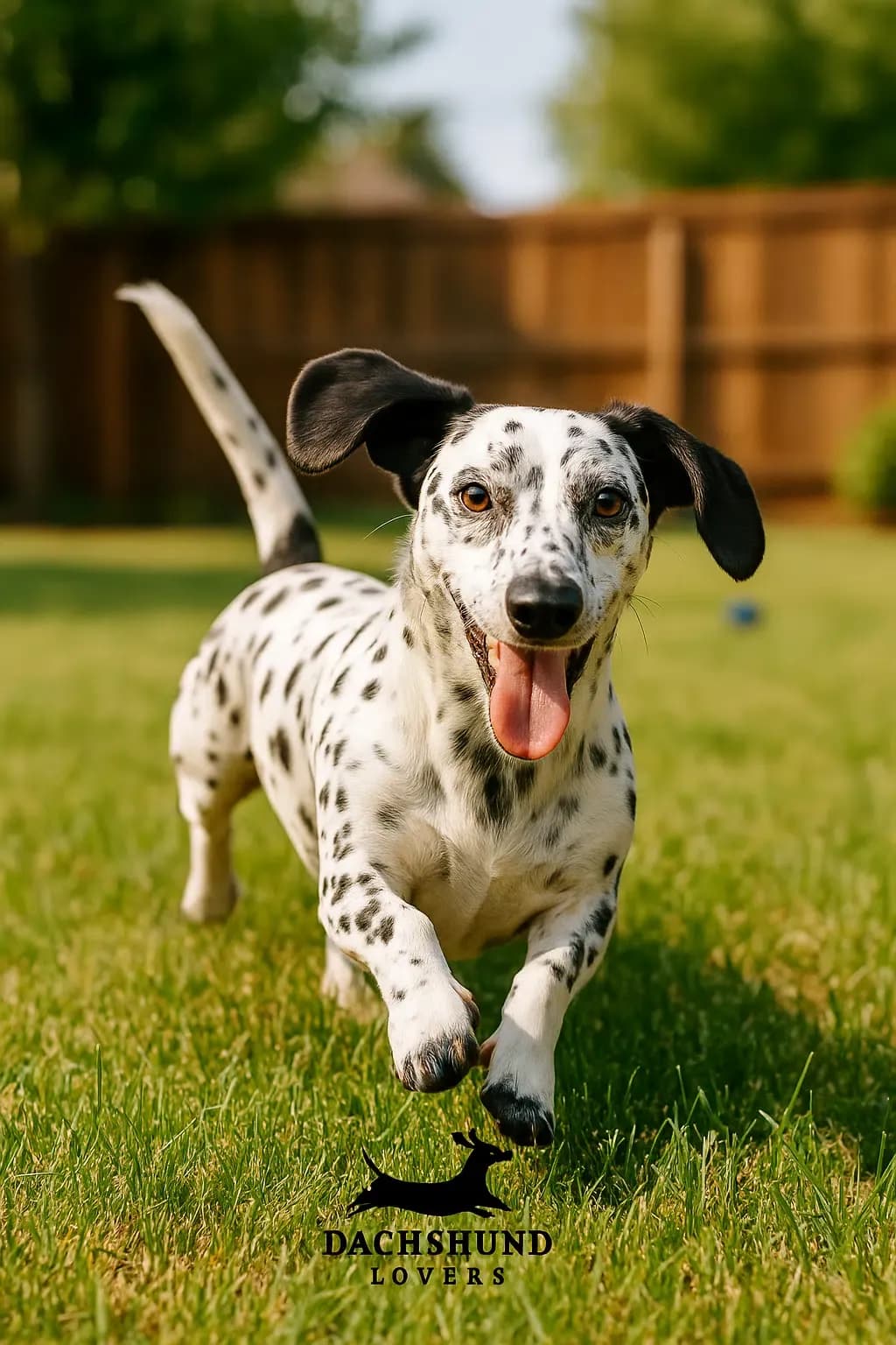 A Dachshund Dalmatian mix running playfully in a sunny backyard with green grass and a wooden fence.