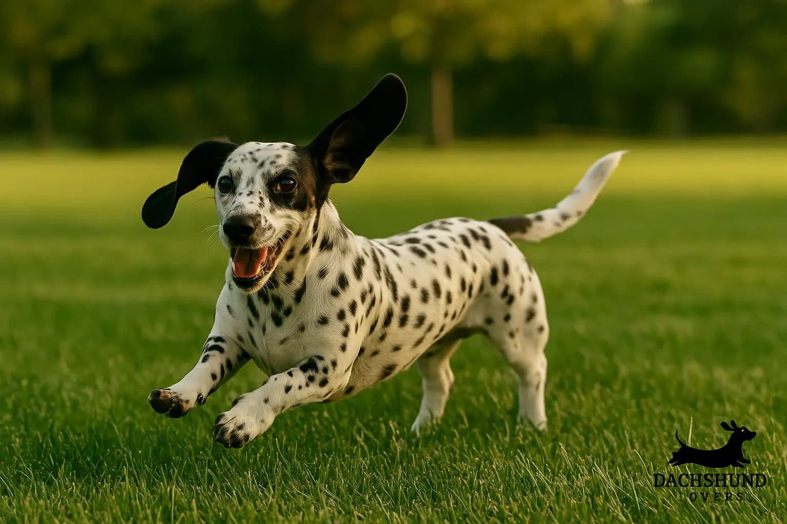 A Dachshund Dalmatian mix with a spotted coat runs energetically across a green park during golden hour, with the Dachshund Lovers logo in the bottom corner.