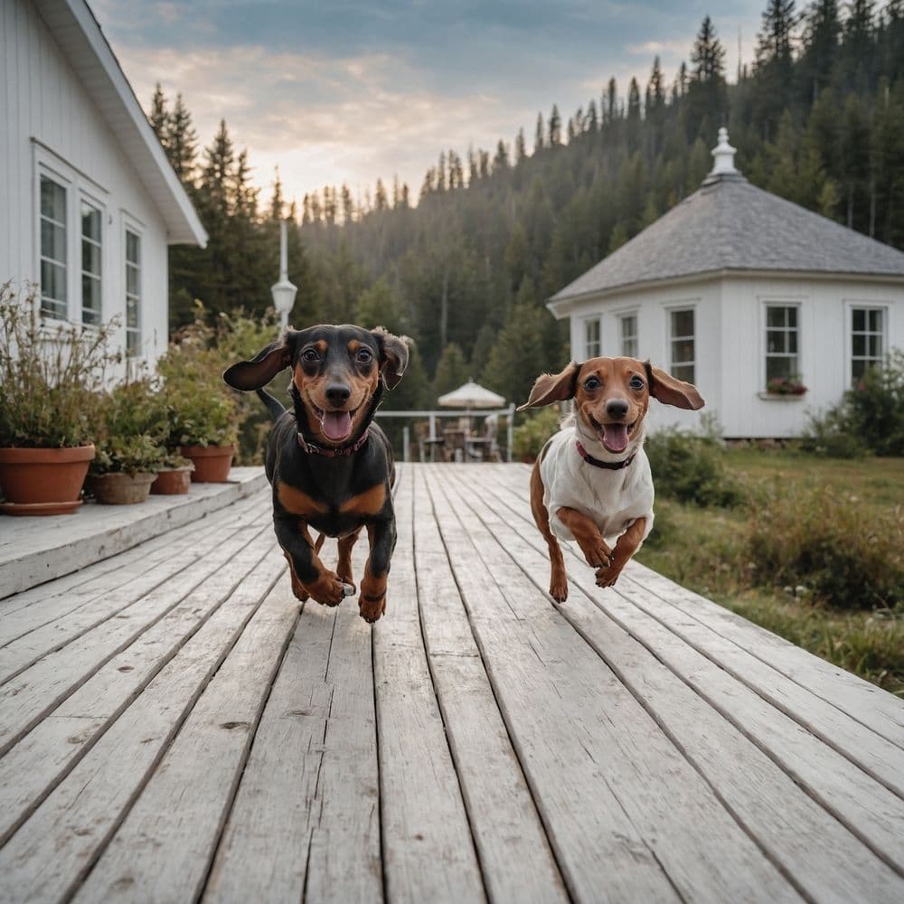 Dachshund Origin – two happy Dachshunds running on wooden deck between white cottages in mountain countryside during sunset – Dachshund Lovers