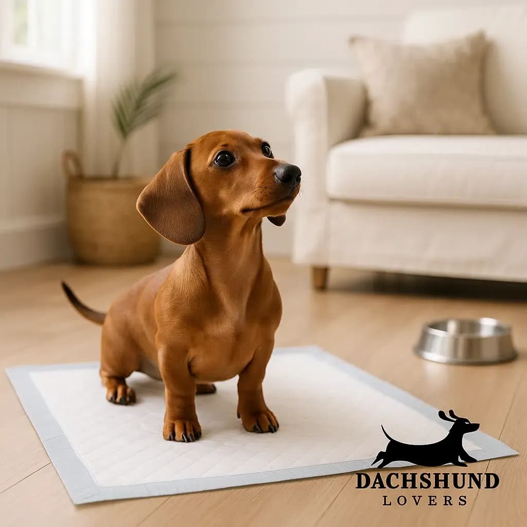 A small, reddish-brown Dachshund puppy with floppy ears stands confidently on a white and blue potty training pad on a light hardwood floor. The puppy is looking up and slightly to the right. In the background, there's a light-filled living room with a white sofa, a woven basket, and a silver dog bowl. A Dachshund Lovers logo in black and white is visible in the bottom right corner.