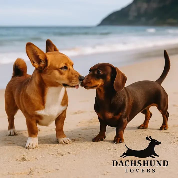 A Dorgi and a Chocolate Dachshund interact playfully on the sand at Stanwell Park Beach with ocean waves and cliffs in the background.