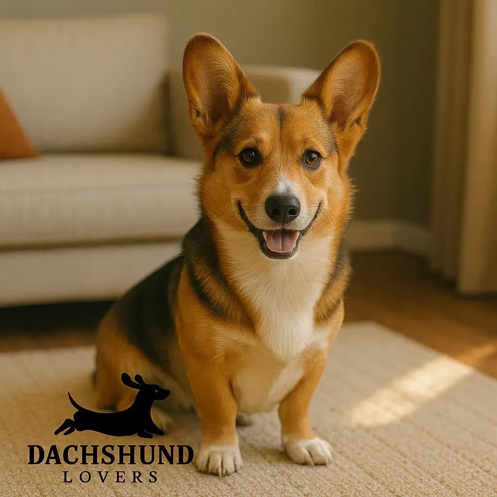 A Dorgi dog sitting on a rug in a cozy living room with the Dachshund Lovers logo in the bottom-left corner