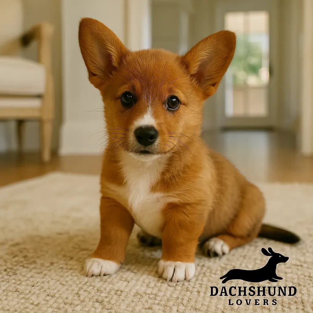 A Dorgi puppy, a Dachshund and Corgi mix, with a reddish-brown coat, short legs, and upright ears, sits indoors on a cozy rug in a Hamptons-inspired home. Dachshund Lovers logo included.