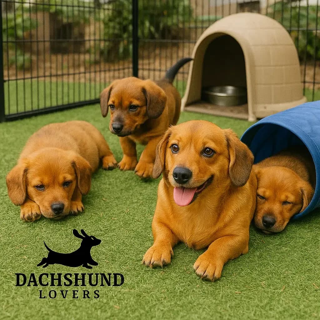 Group of Dorgi puppies in an outdoor kennel with artificial grass and toys, showing a healthy and playful environment for young Dachshund-Corgi mixes.
