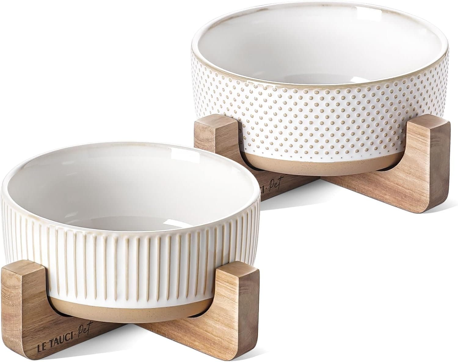 Le Tauci Ceramic Dog Bowls with Wood Stand