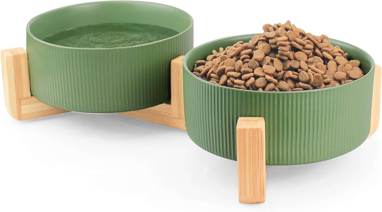 Ceramic Dog Bowls with Bamboo Stand – Green