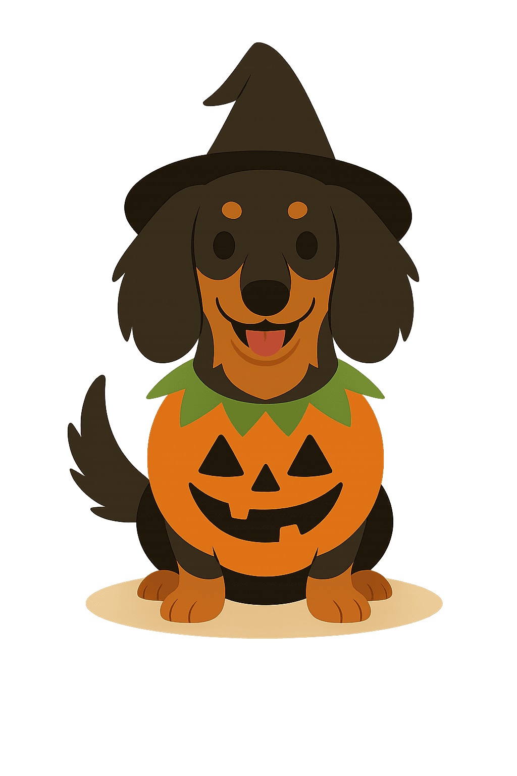 Cute cartoon dachshund wearing a witch hat and a jack-o’-lantern pumpkin costume, sitting with a warm glow beneath it.