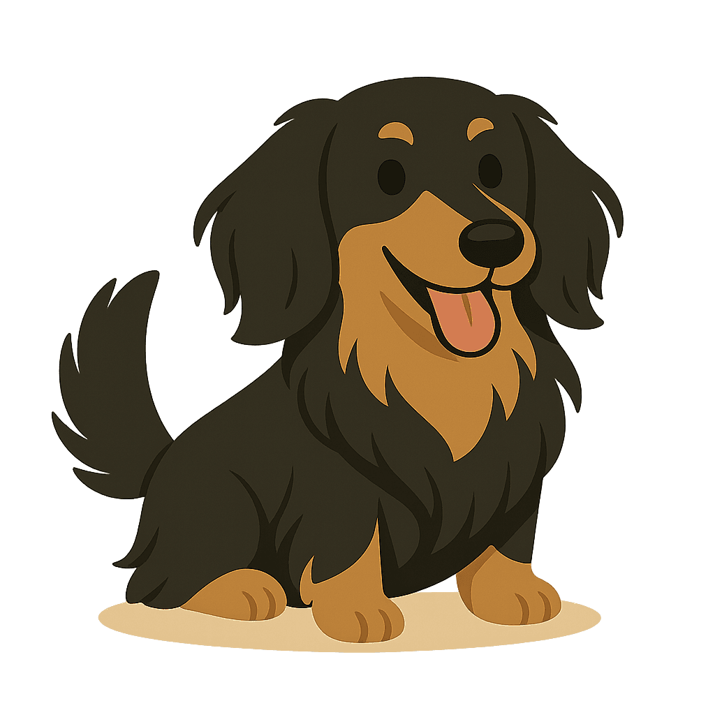 Cute cartoon long-haired dachshund with black and tan fur, sitting and smiling with its tongue out.