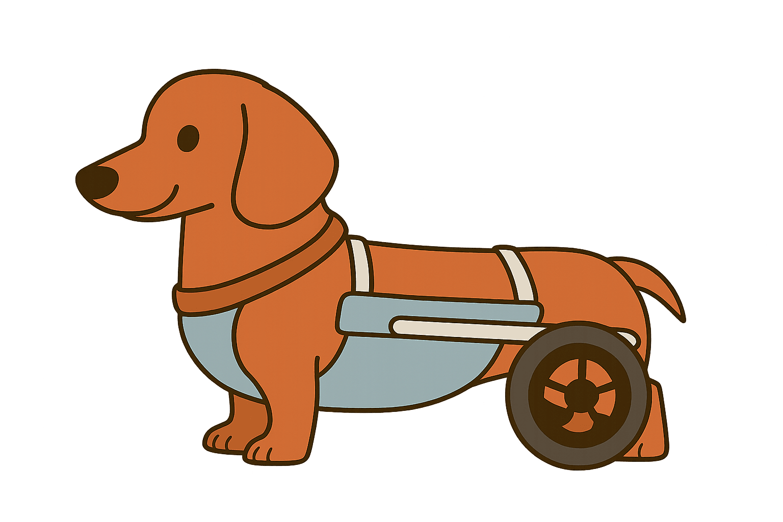 “Cute cartoon dachshund in a wheelchair cart, standing and smiling with a warm brown glow behind it.