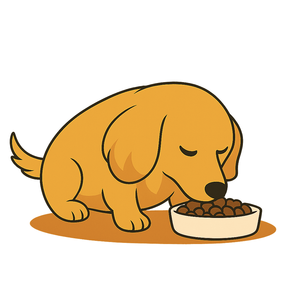 Cute cartoon dachshund eating from a bowl of kibble, with a warm golden glow beneath it.