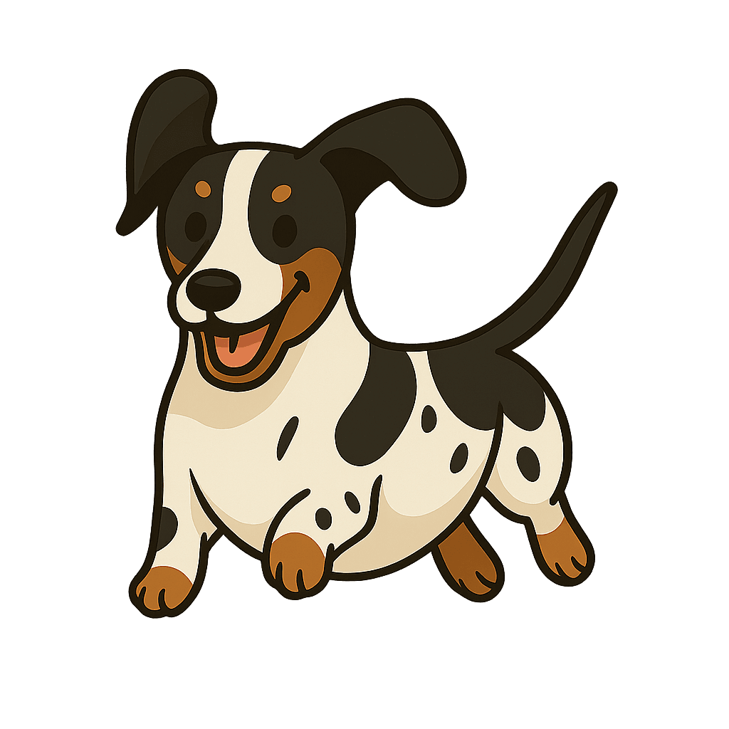 Cute cartoon dappled dachshund running happily with its tongue out and tail up.
