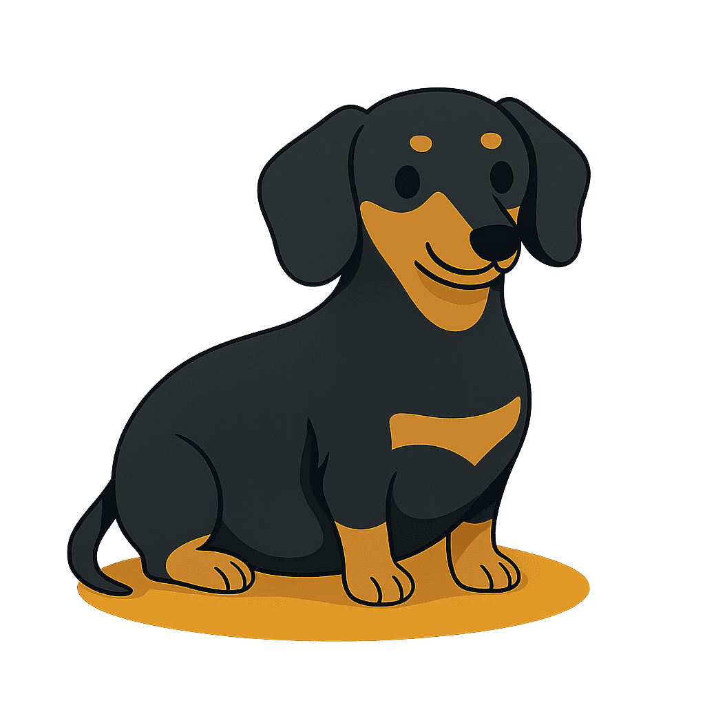 Cute cartoon dachshund with a black and tan coat, sitting and smiling with a soft golden glow underneath.